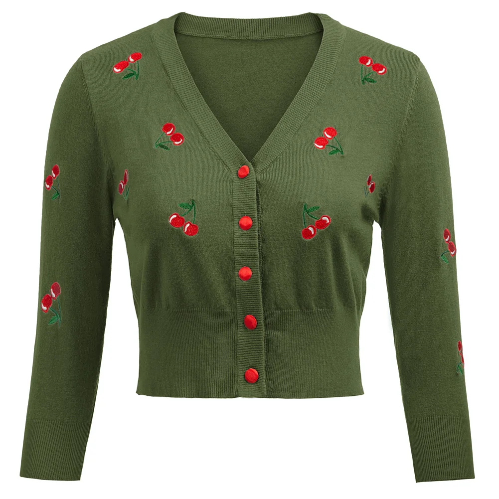 Women\'s Cardigan Cherries Embroidery 3/4 Sleeve V-Neck Slim Comfortable Fall Spring Shrug Bolero Cropped Knitting Coat Knitwear