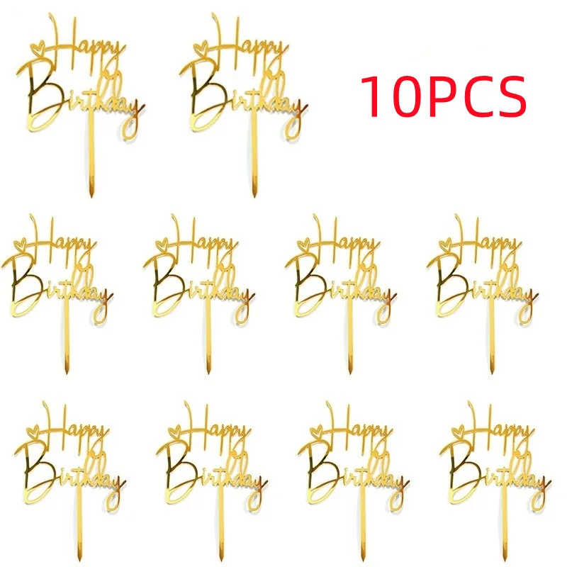 10 Pcs Happy Birthday Cake Topper Decoration Red Gold Acrylic Kid's Birthdays Cake Toppers for Baby Shower Party Baking Supplies