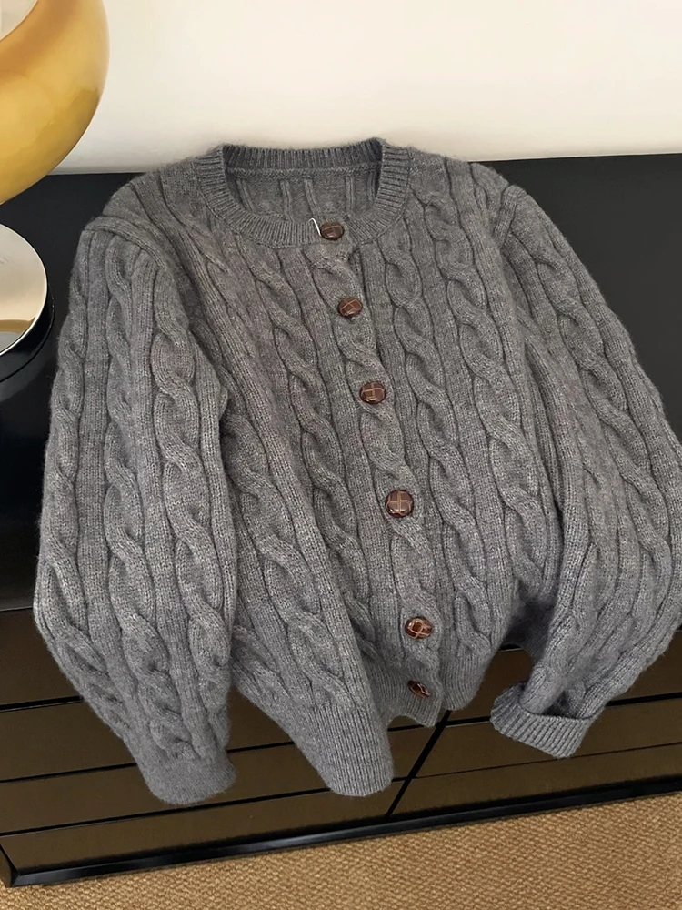 

Мягкий воско-серый вязаный кардиган в стиле ретро, осень/зима 2022, ленивый тонкий свитер с жареным тестом, женское толстое пальто