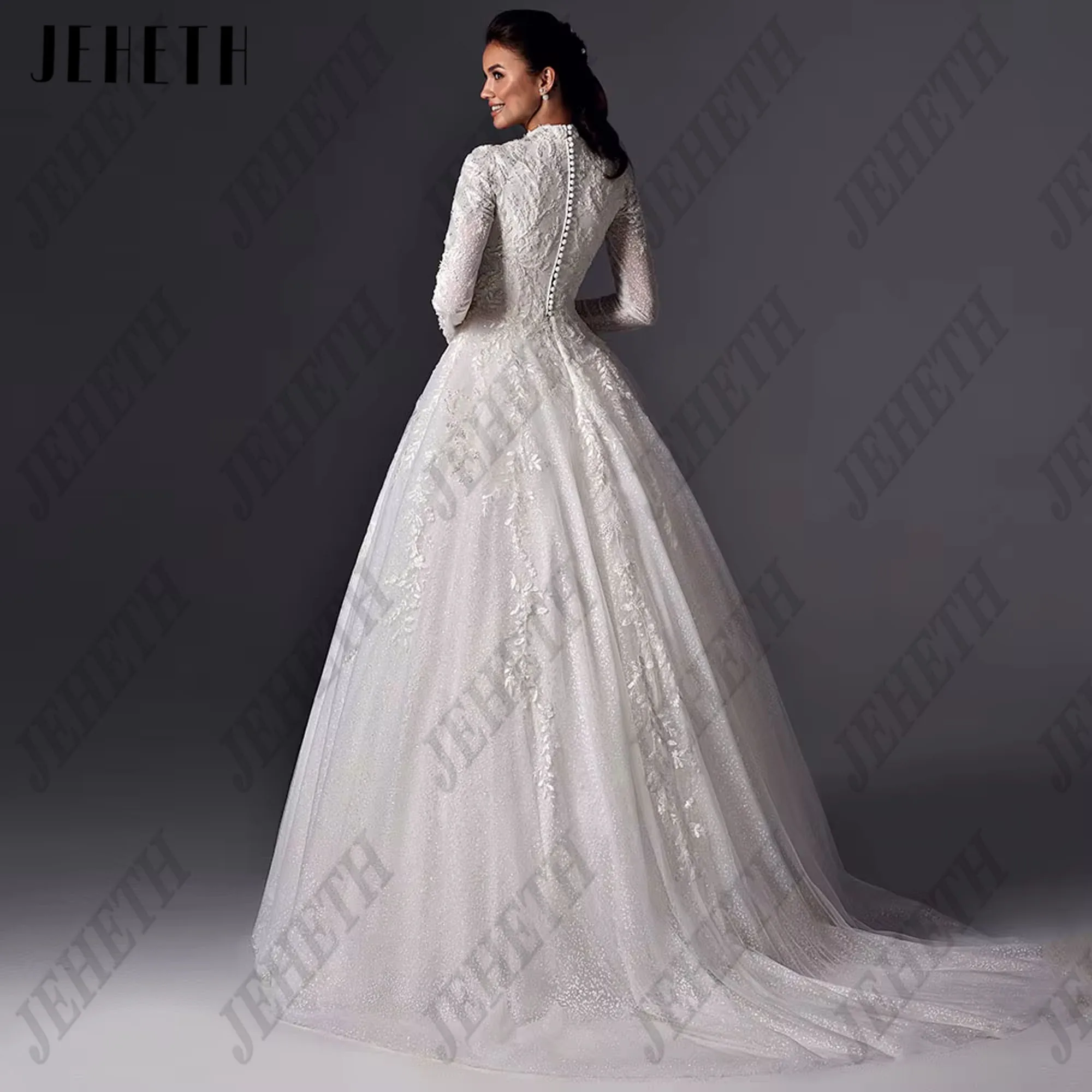 JEHETH イスラム教徒 A ラインのウェディングドレスサテンのウェディングドレスハイネックしわステッカーフルセットのウェディングドレスシンプルな 2025 カスタマイズ JEHETHムスリムA字型ウェディングドレスサテンウェディングドレスハイネックしわシール全セットウェディングドレスシンプル2025カスタム