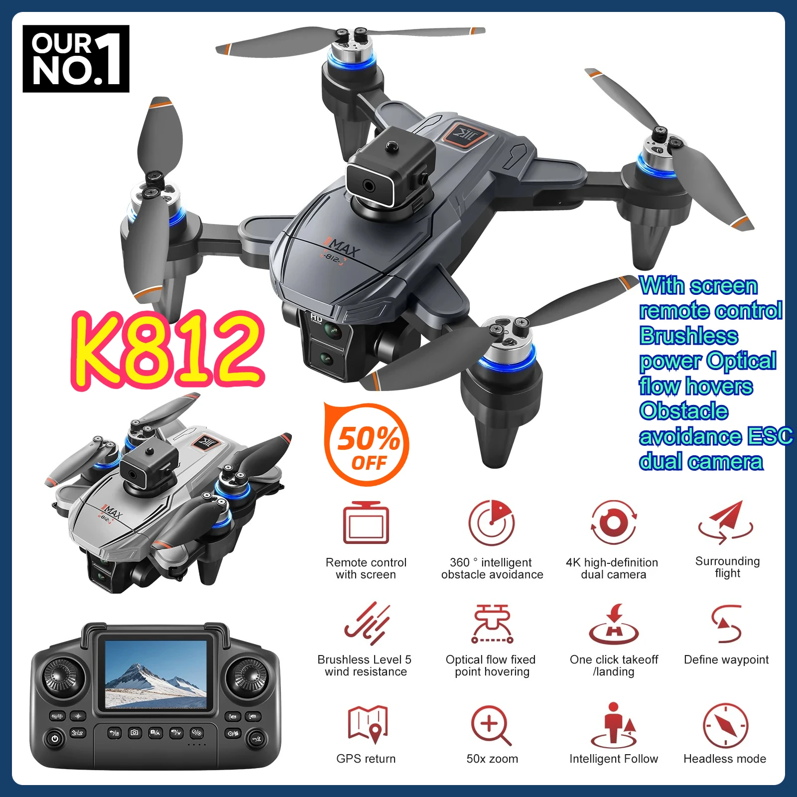 

2025K812 MAX GPS Positioning Auto Return Flight Screen Controlled Drone Brushless 5G WIFI Mapping Intelligent Obstacle Avoidance
