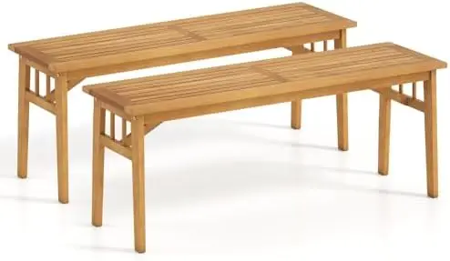 Outdoor Acacia Wood Dining Bench, 48” Wooden Bench Patio Furniture for Entryway Garden Poolside Balcony, 800 LBS (2)