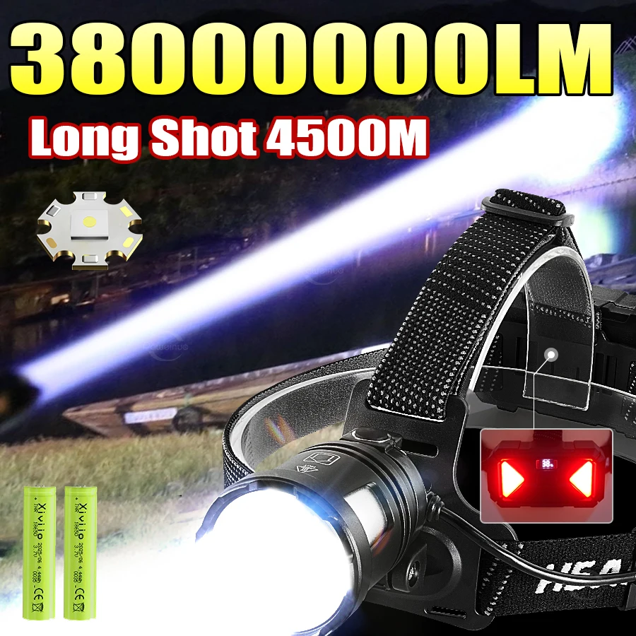 

Сверхяркая светодиодная фара 38000000LM, самая мощная налобная лампа, 4500 м, мощный налобный фонарь, уличный налобный фонарь для рыбалки и охоты