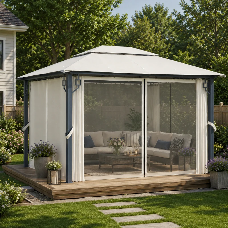 Gazebo de jardin 400x300CM avec rails latéraux renforcés, auvent de protection solaire en textile de qualité supérieure, structure en aluminium robuste et antirouille, pavillon extérieur moderne et spacieux, grand abri d'ombrage pour événements nocturnes dans la cour, réceptions sur la terrasse et loisirs quotidiens en jardin.