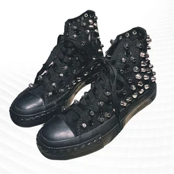 Large size all black riveted hip hop punk show canvas shoes handmade custom men and women couples comfortable casual shoes 35-46