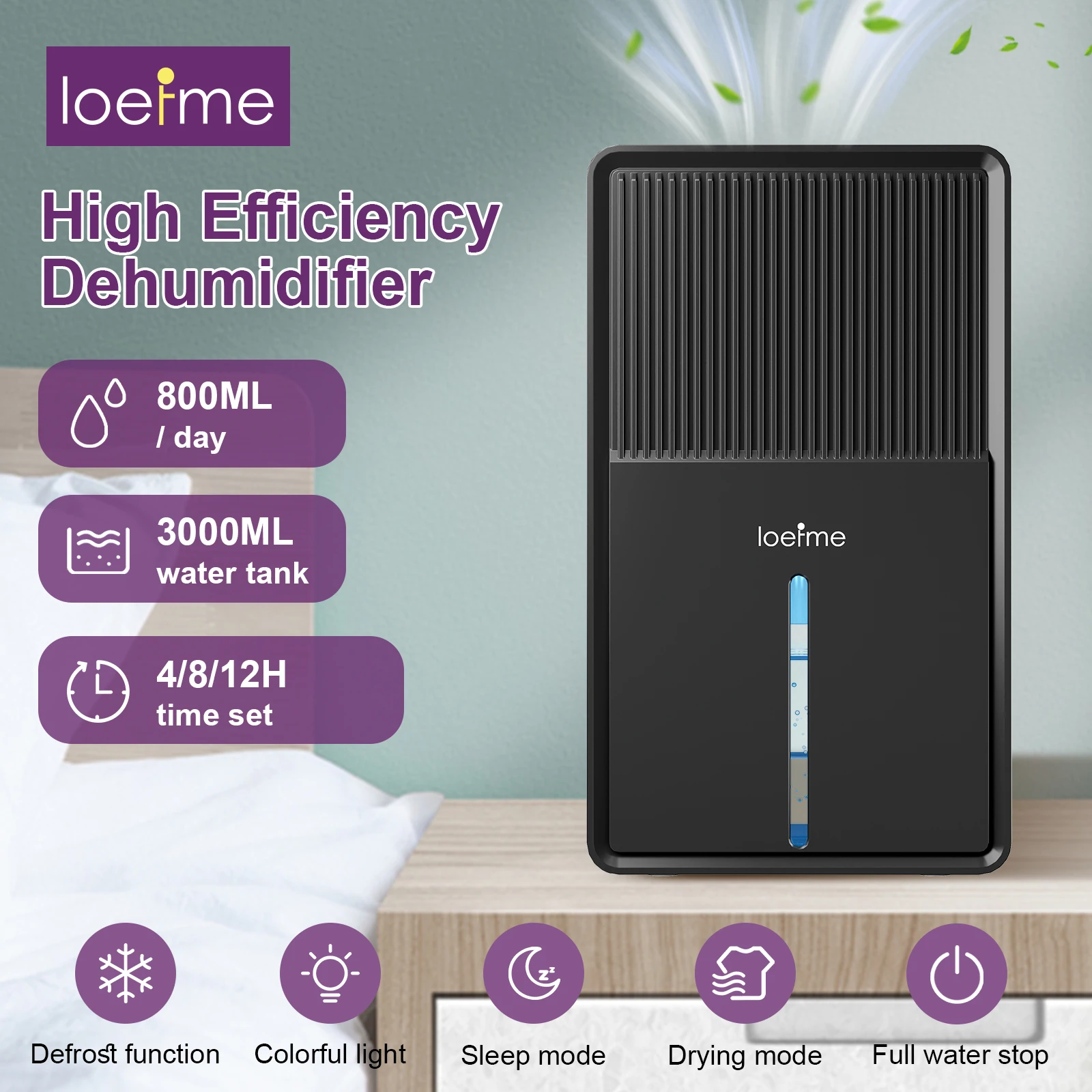 LOEFME purificateur d'air déshumidificateur chiffons de séchage moule élimination de l'humidité 3L pour le bureau à domicile Portable économe en énergie lumière colorée