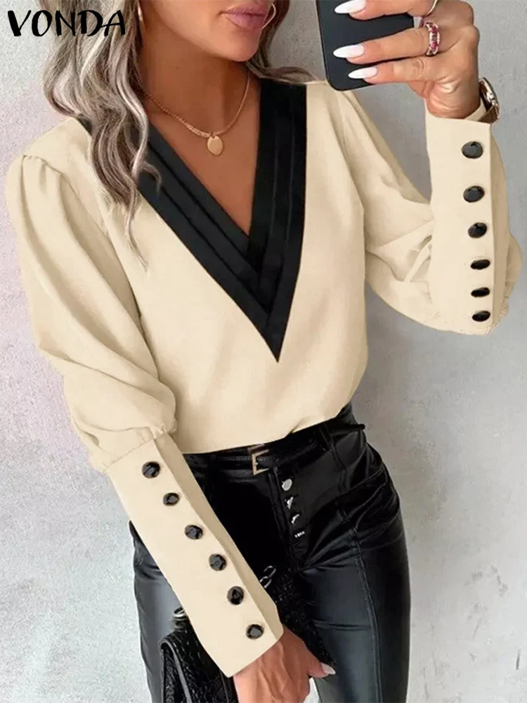 Puls Size 2024 VONDA Autumn Tops Fashion Casual Long Lantern Sleeve Blusas Solid Elegant Style V-neck Well Fitting Blouses