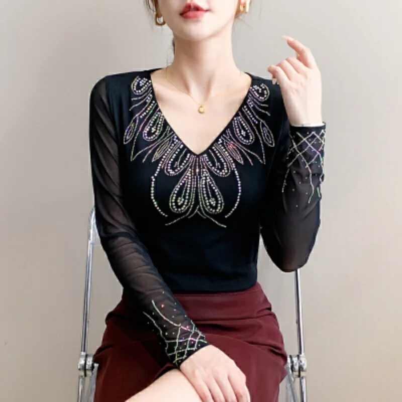 

Шикарная модная хлопковая лоскутная женская футболка со стразами и v-образным вырезом, осенняя облегающая дизайнерская верхняя женская блузка с длинными рукавами