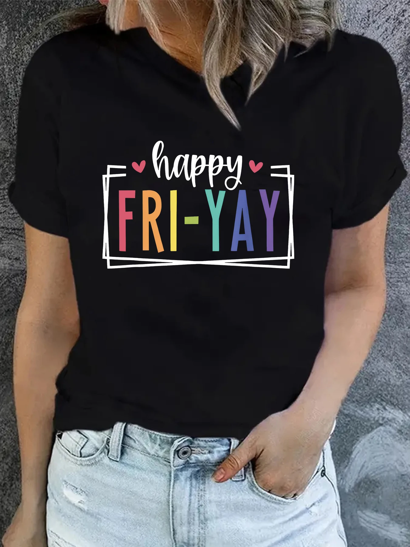 Friday Happy Women's T-Shirt Summer Letter Printed Pattern T-Shirt Leisure Fun Words Letter Printed Cute Shirt Top