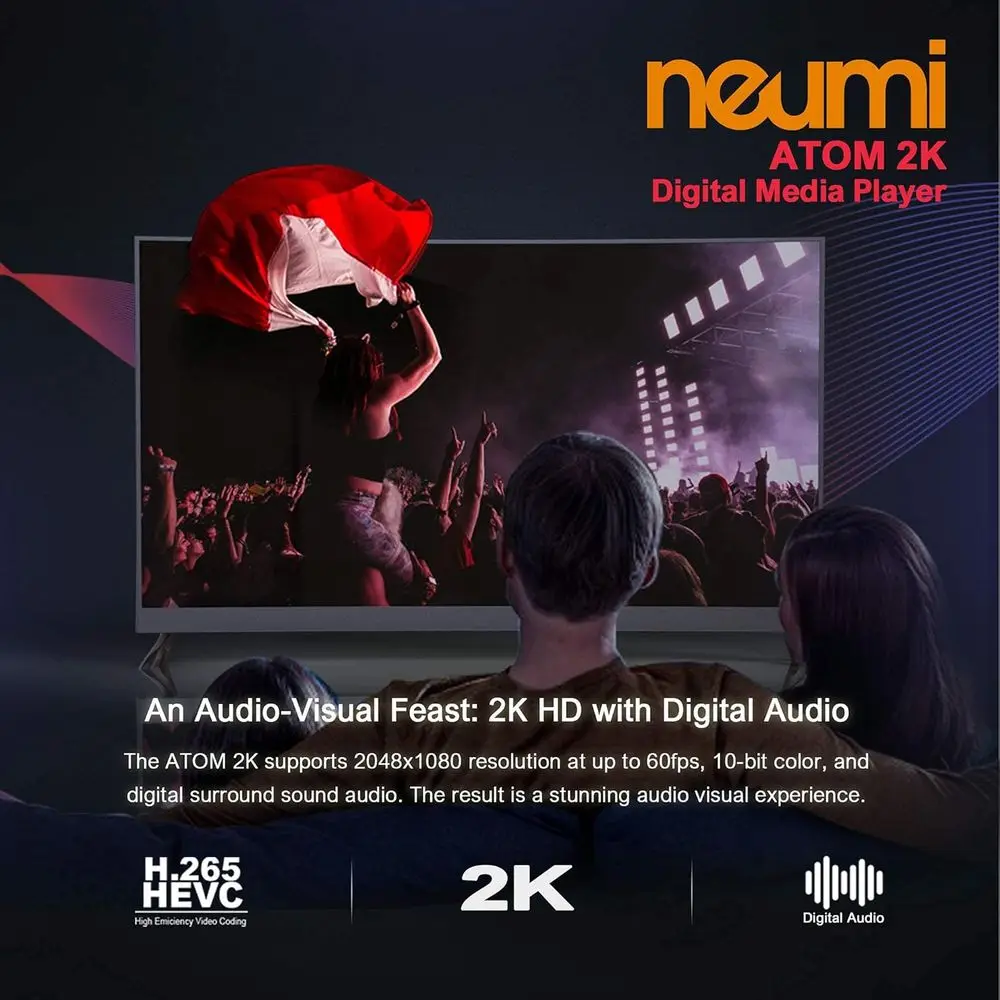 مشغل الوسائط الرقمي NEUMI Atom 4K Lite Ultra-HD لمحركات أقراص USB وبطاقات SD - يلعب فيديو 4K/UHD، HEVC/H.265، HDMI والتناظرية