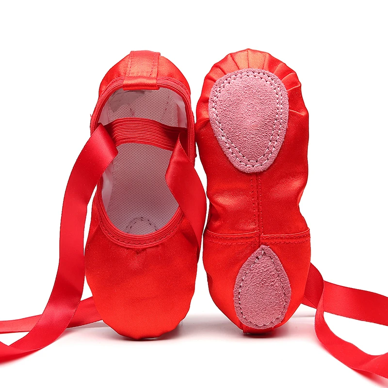 Chaussures de danse de yoga pour filles, pantoufles de gymnastique pour enfants, chaussures de ballet avec ruban, rouge, rose, chair