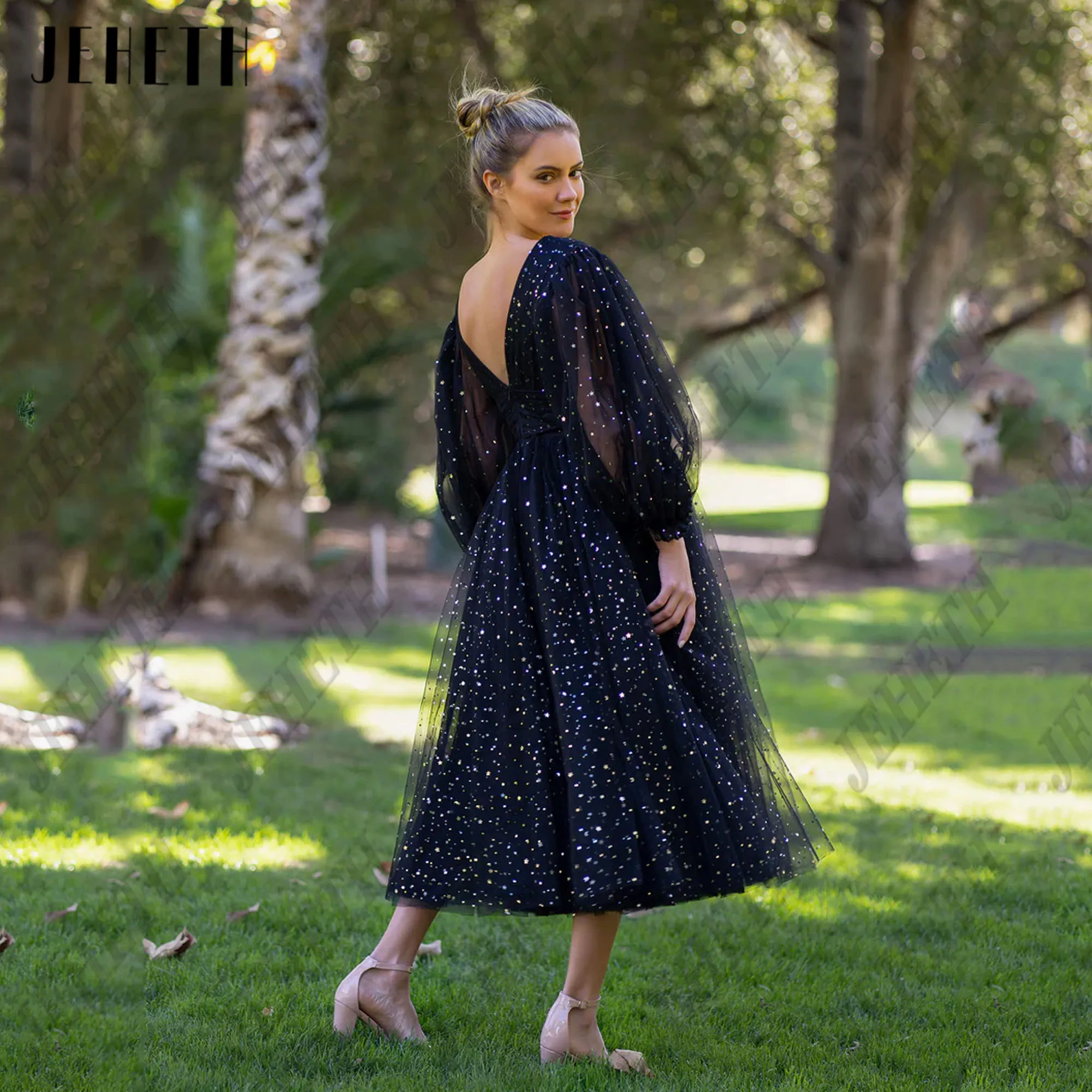 JEHETH Sparkly a-line Prom Dress per donna scollo a v Backless maniche lunghe a sbuffo nero Tea-lunghezza Tulle abiti da festa abiti formaliJEHETH Sparkly A-Line abito da ballo per la donna scollo a V senza schienale m