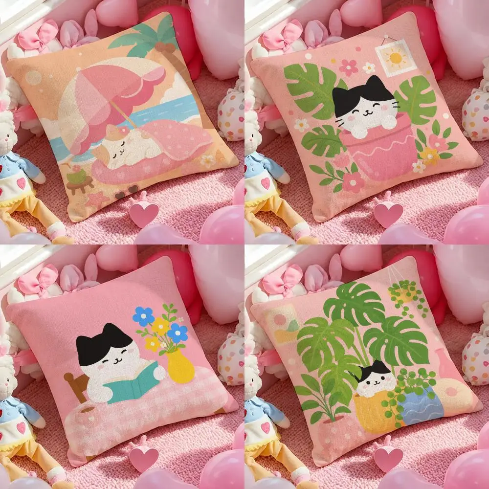 Art Cartoon Cat Orosi Cushion Cover Pink Linen Texture Cushion Cover Double Sided Invisible Zipper Deco