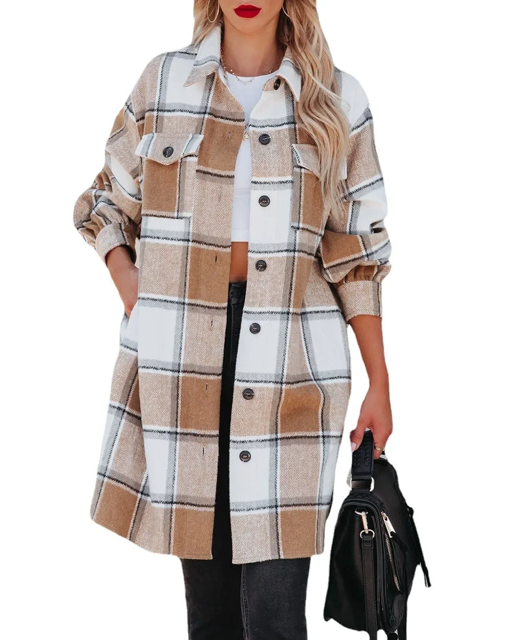 Women Autumn Winter Coat Jacket Plaid Color Turndown Collar Long Sleeve Button Casual Fashion Comfortable Regular Standard Fit