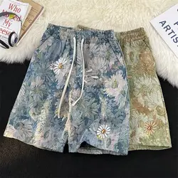 Men's Shorts Fashion Printing Beach Seaside Casual Baggy Wide Leg Pants Harajuku High Street Drawstring Straight Daily Shorts