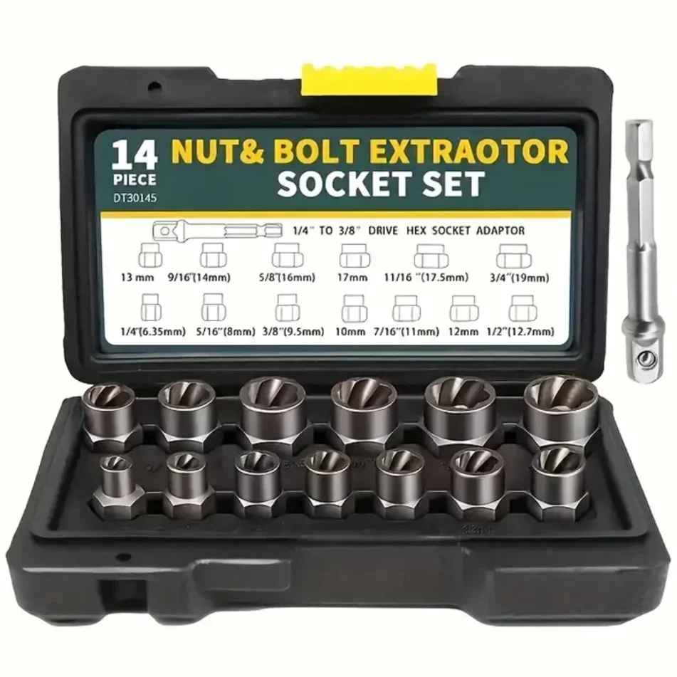 14 Pieces Damaged Bolt Removal Tool Impact Bolt Nut Remover Set Alloy Damaged Bolt Nut Remover Extractor Socket Repair Tool Kit