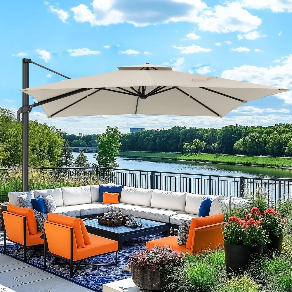 Outdoor Patio Umbrella - 10ft Cantilever Umbrella for Patio Heavy Duty Offset Umbrellas with Stand, 360 Rotation Double