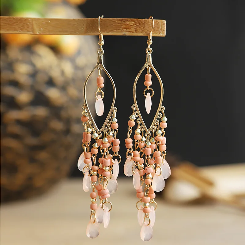 Boho-Ohrringe mit bunten, ethnischen Perlen für Damen, lange Ohrringe mit Kristallquasten, modischer Party-Schmuck für Mädchen – Detail 10