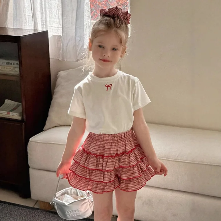 

2025 Summer Childrens Girls 2PCS Clothes Set Embroidered Bow T-shirt Checkered Puffy Shorts Suit Toddler Baby Girls Outfits