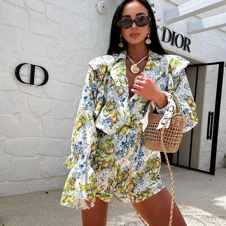 

Boho Printed Fashion Casual Women's Suit Ruffled Flare Sleeve Top Shorts Two Piece Sets Loose Autumn New Female Outfits