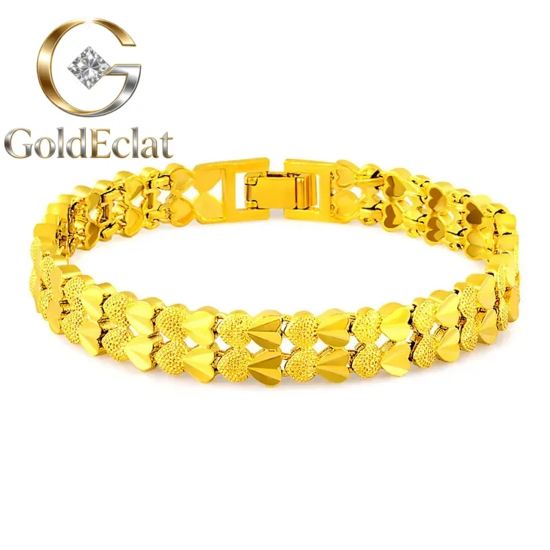 

GoldEclat Luxury 24K 9999 Pure Gold real gold Women's Double-Row Peach Heart Strap Bracelet