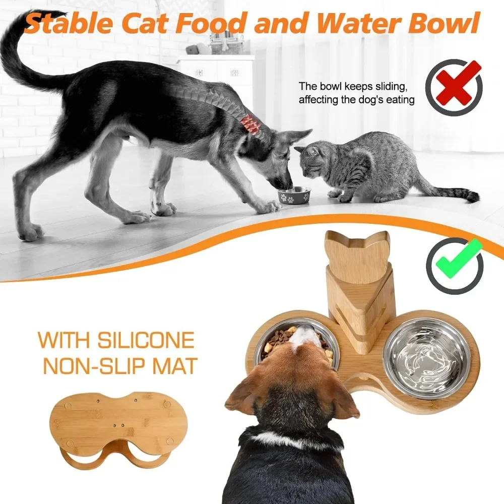 Elevated Dog Bowls for Small Dogs, Adjustable Bamboo Pet Feeding Station with 2 Stainless Steel Bowls for Cats and Puppy