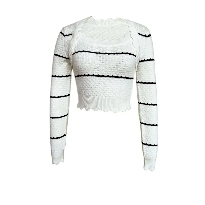 

CYL-Women's Color Block Striped Cropped Sweater Long Sleeve Scalloped Pullover Knit Jumper Tops