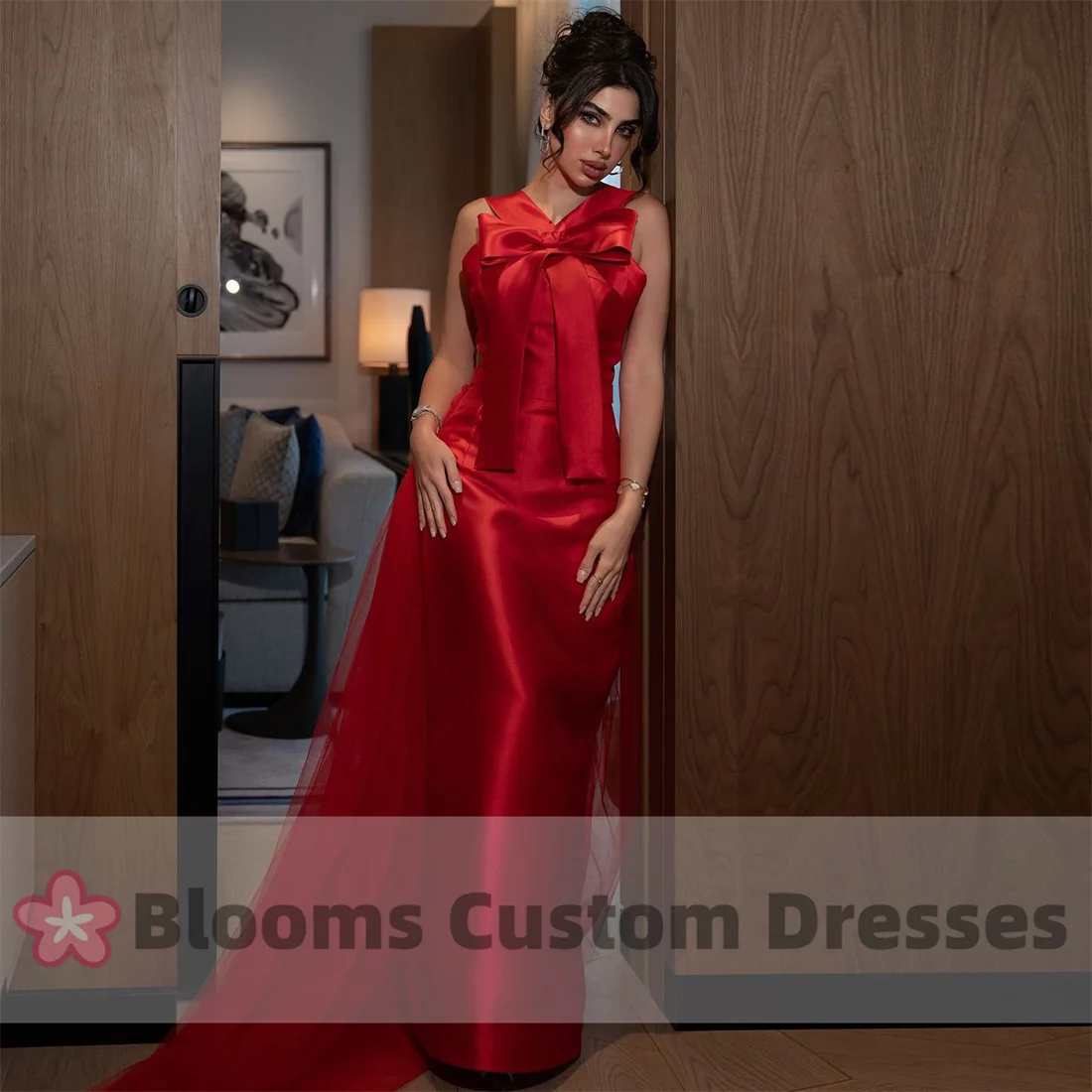 

Blooms Red Satin Bow Sleeveless Evening Dresses Mermaid Back Train Tulle Noble Formal Occasion Sweet Wedding Party Gown