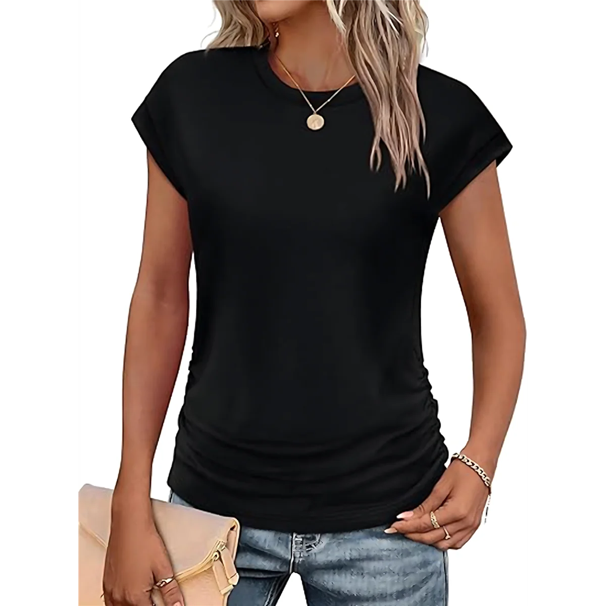 

ABQR Womens Ruched Cap Short Sleeve Crew Neck T Shirts