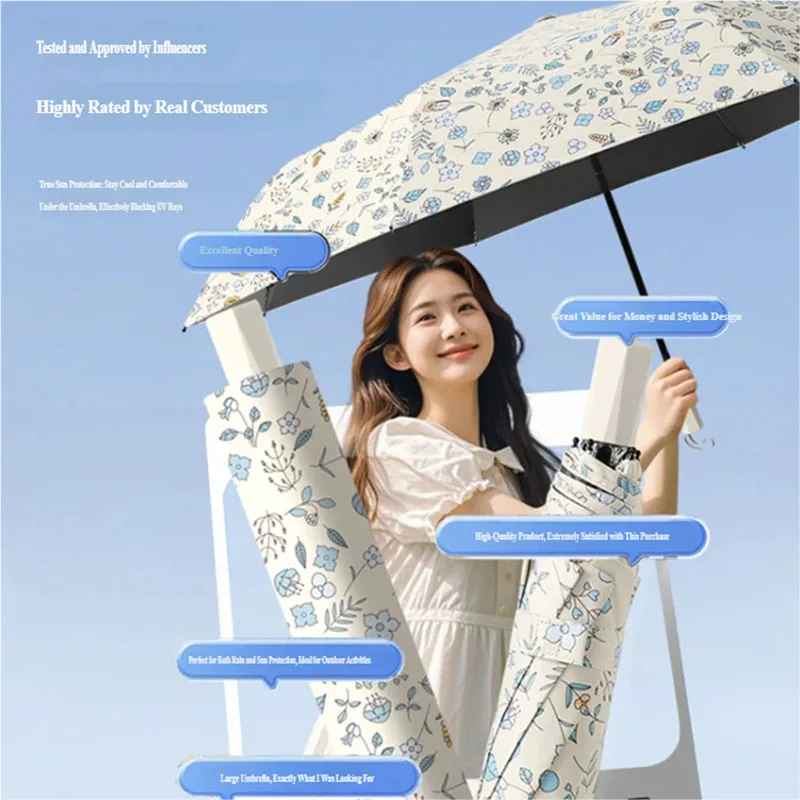 Novo Guarda-Chuva Floral Preto com Revestimento, Proteção UV, Sombrinha, Guarda-Chuva de Duplo Uso para Sol e Chuva para Mulheres
