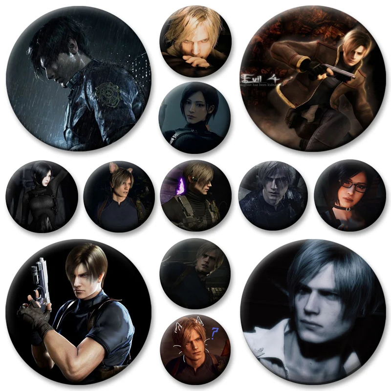 Leon Kennedy Pink and Ada Bow Heart Cute Button Pins Evil Game Creative Brooches Round Tinplate Brooches for Backpack Accessorys