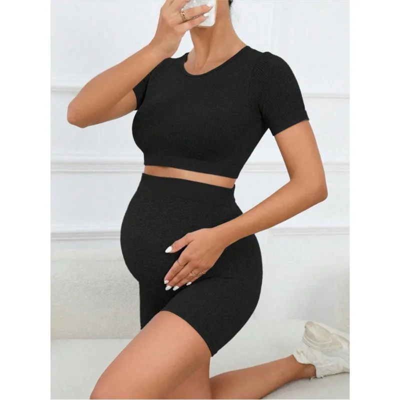 طقم شورت صيفي بأكمام قصيرة ناعم ومريح عالي الجودة منسوج بدون خياطة سريع الجفاف وجيد التهوية ومريح للنساء الحوامل