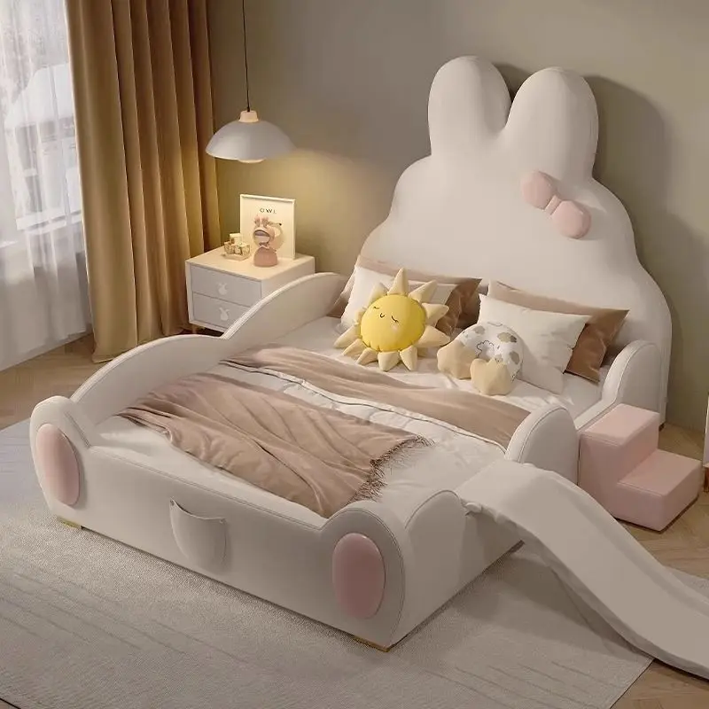 

！@Cartoon Princess Bed for Girls, Cute Kids' Bed, Princess-style with Slide, Guardrail, Solid Wood Storage Bed