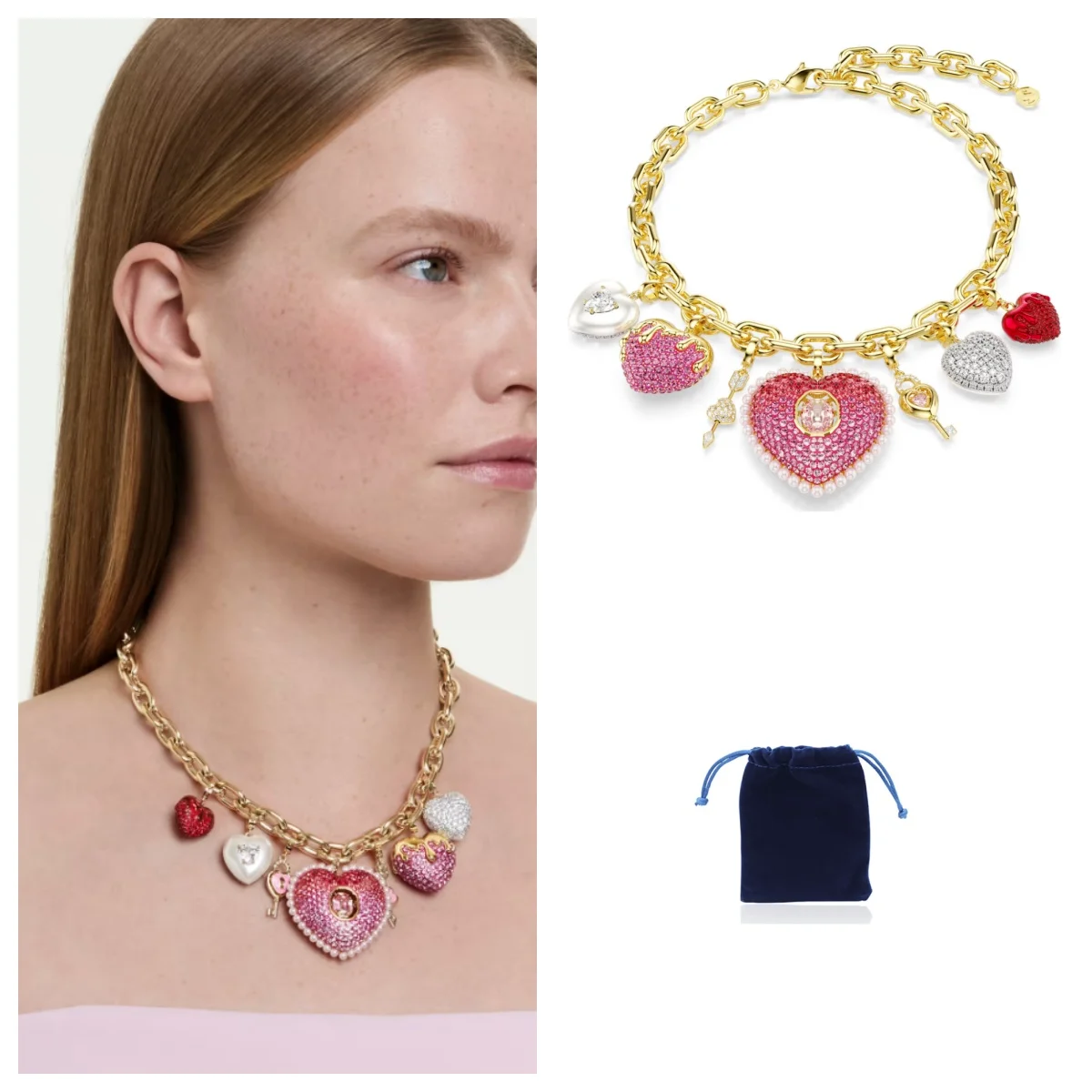 

Idyllia necklace Mixed cuts, Heart, Key, Multicolored, Gold-tone plated