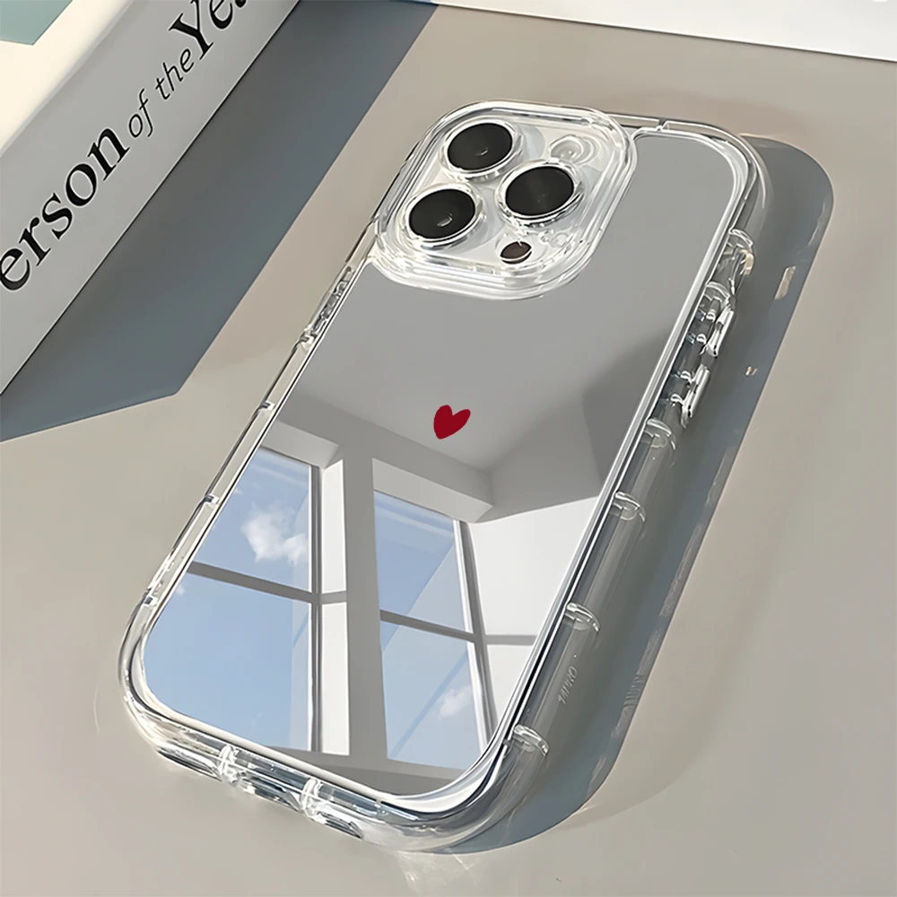 Cover Morbida Minimalista con Motivo Cuore Rosso per iPhone 17 16 15 14 13 12 11 Pro Max 17 Air X XR XS 7 8 Plus con Specchio Posteriore