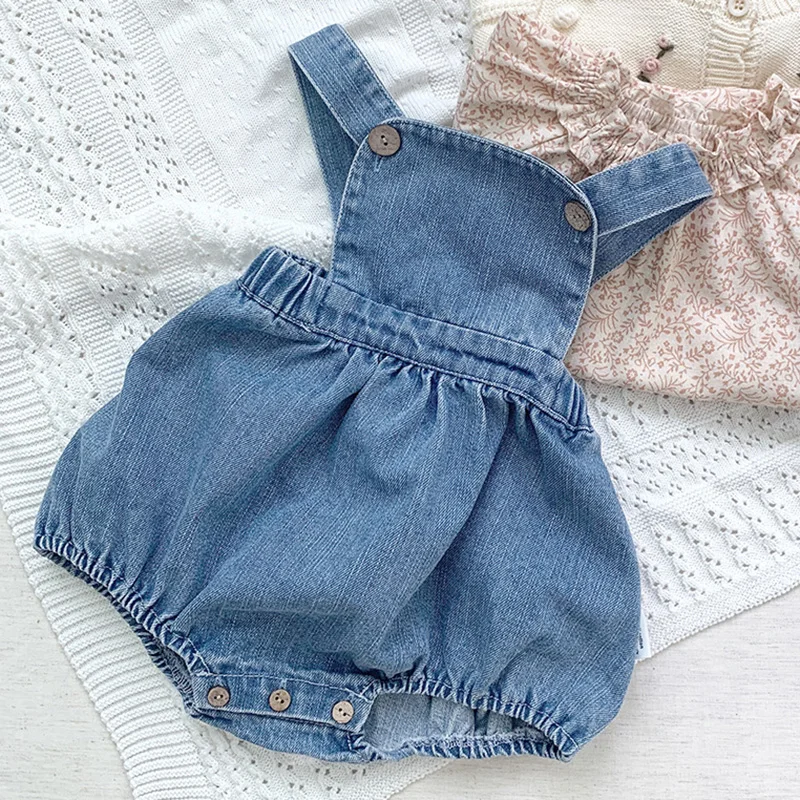 Korean Style Infant Baby Boys Girl Bodysuits Sleeveless Solid Color Cowboy Newborn Baby Boys Girl Jumpsuit Spring Autumn Clothes