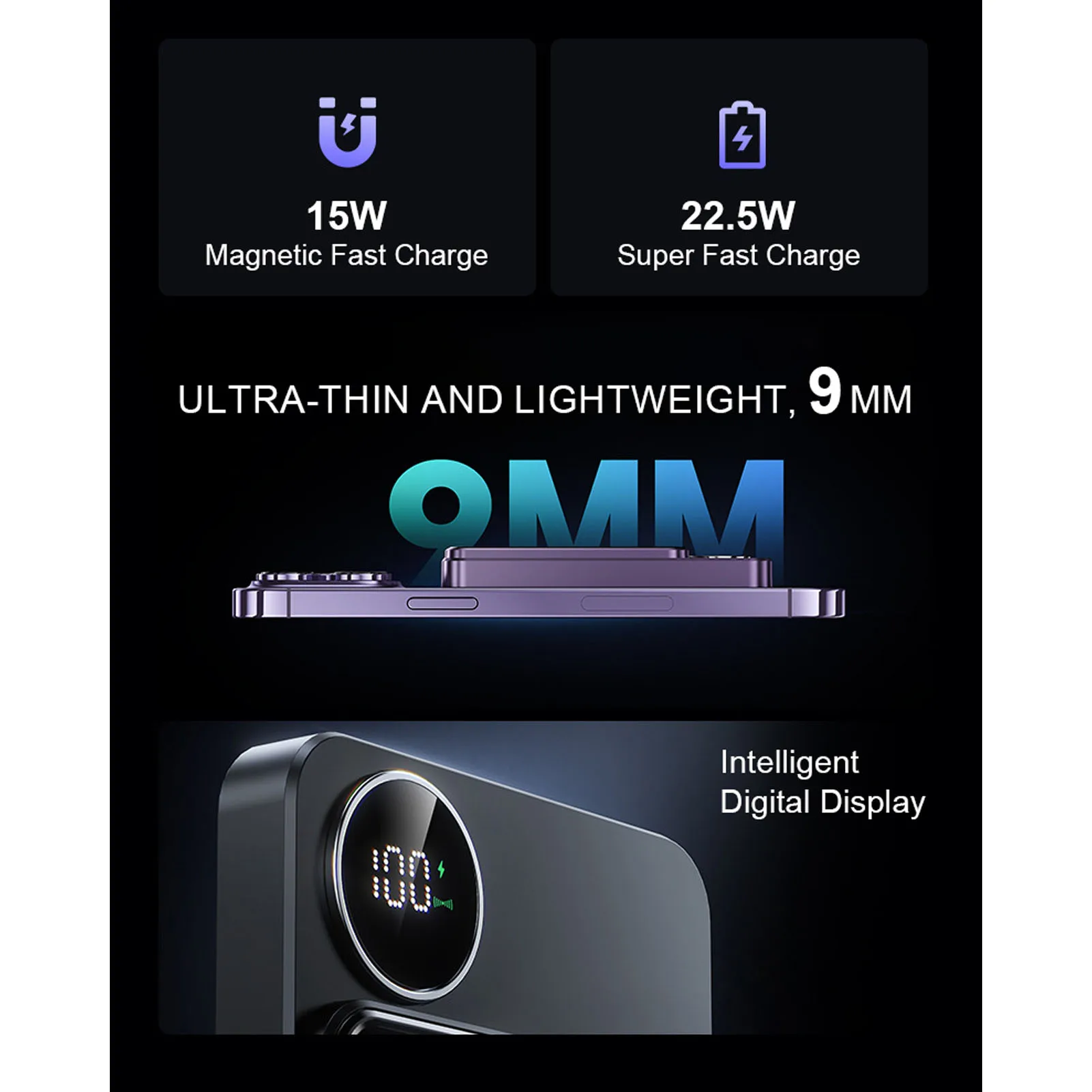 Display di alimentazione accurato portatile wireless Batteria incorporata da 5000 mAh Power Bank magnetico Power Bank wireless magnetico da 15 W
