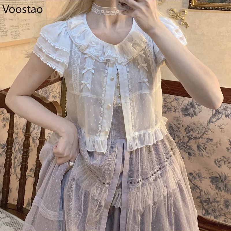 Sweet Lolita Chiffon Shirts Women Vintage Y2k Lace Ruffles Bow Short Sleeves Cute Blouses Japanese Kawaii Ruffles Collar Tops