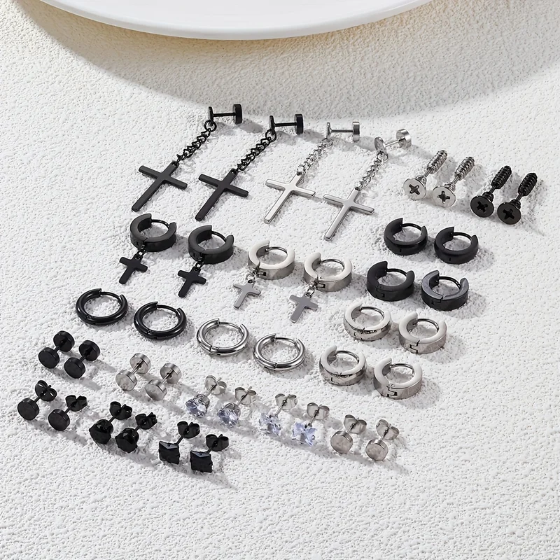 

40pcs Stainless Steel Earring Set - Black and Silvery Stud Earrings Gothic Punk Ear Piercing Jewelry Perfect for Men & Women