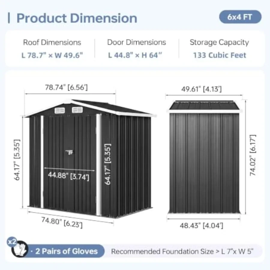 6x4FT Outdoor Storage Shed for backyard use, galvanized steel construction, gray finish, rust-resistant and weatherproof design