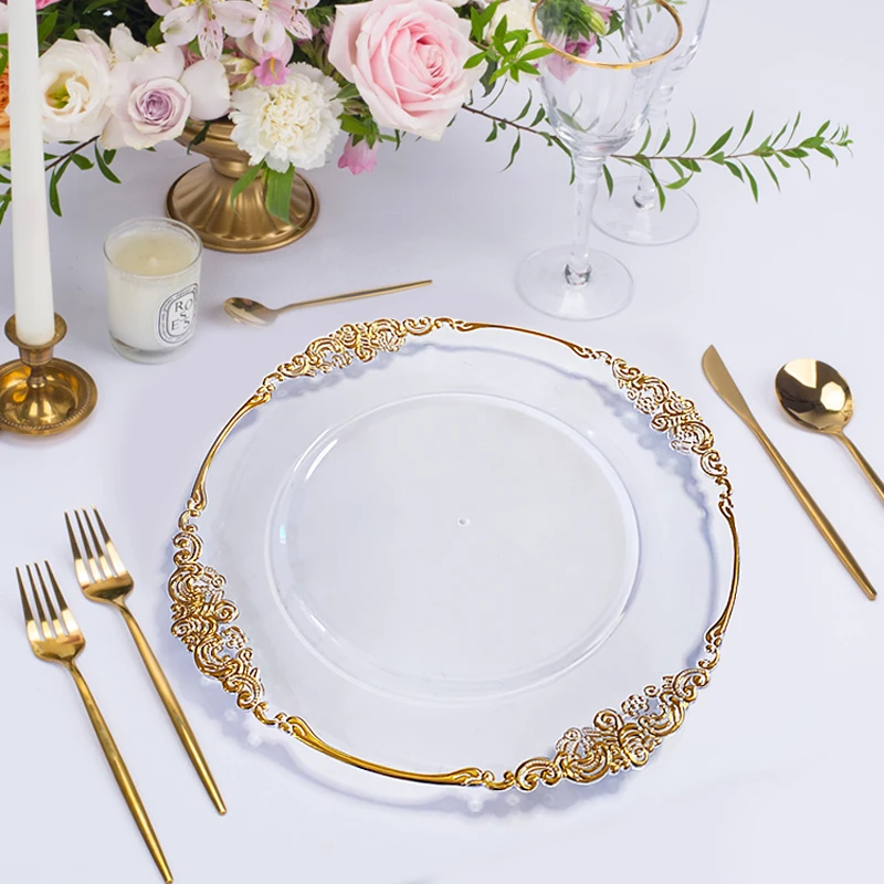 50pieces 13inch Plastic Acrylic Reef Gold Rim Clear Charger Plates For Wedding Decoration Decorative Wholesale Dinner Table Set