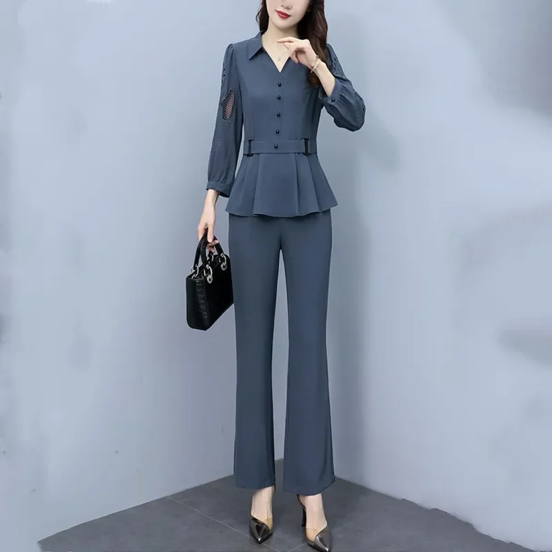 Women\'s Pants Set Spring Fall 2024 New Fashion Embroidery Oversized Hollow Out Elegant Office Lady 2 Piece Dress Pant Suit LU101