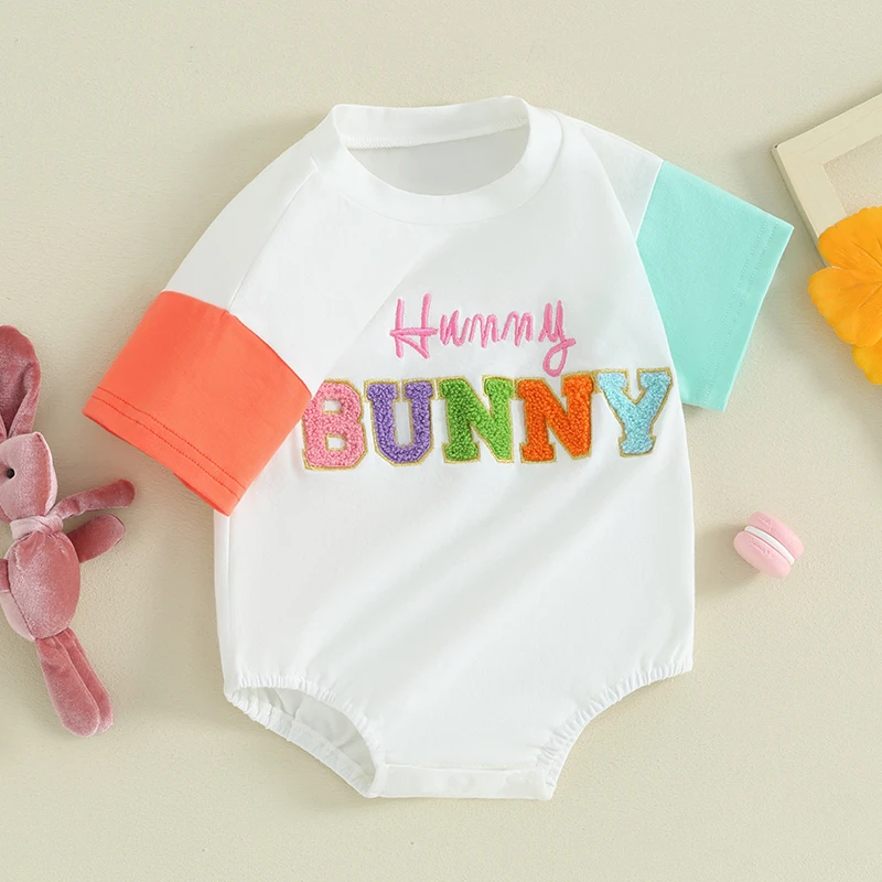 

Cute Newborn Easter Bunny Soft Cotton Round Neck Short Sleeve Romper with Embroidered Letters and Fuzzy Detail