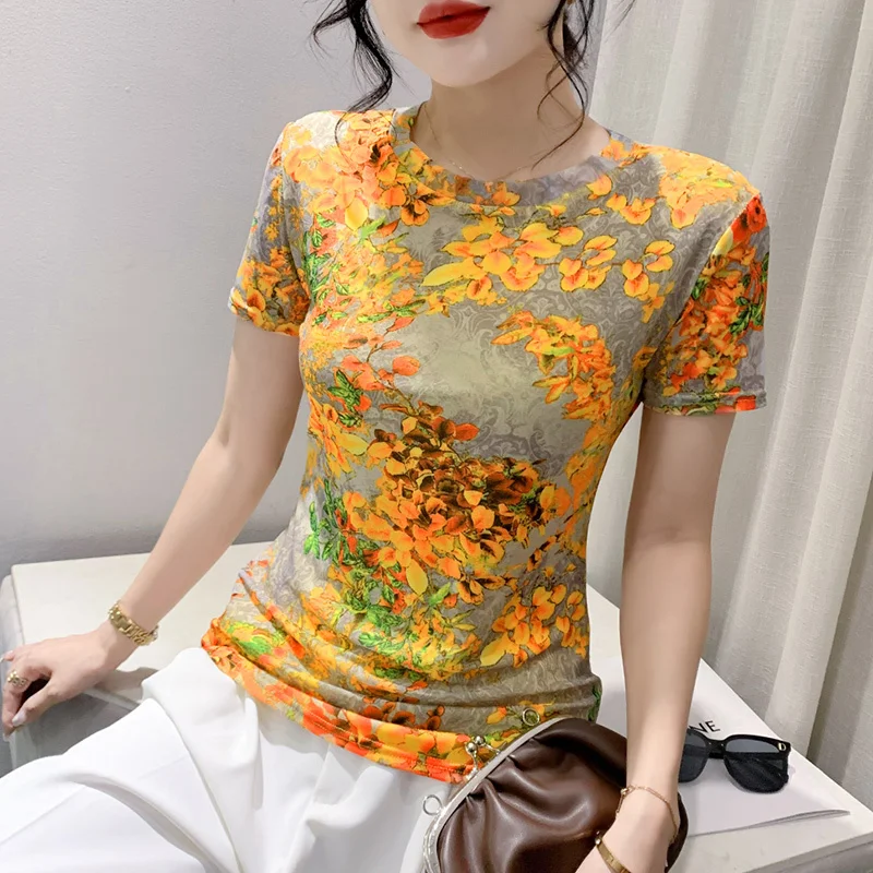 

#4244 Floral Printed T Shirt Women Summer Vintage Mesh T Shirt Short Sleeve Elastic Office Women's Tee Shirt Round Neck Thin