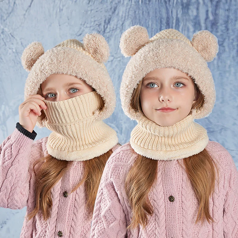 

Winter Children Balaclava Hat Velvet Knitted Beanie for Girls Boys Outdoor Ski Ear Protection Hats Neck Warmer Accessories 4-10Y