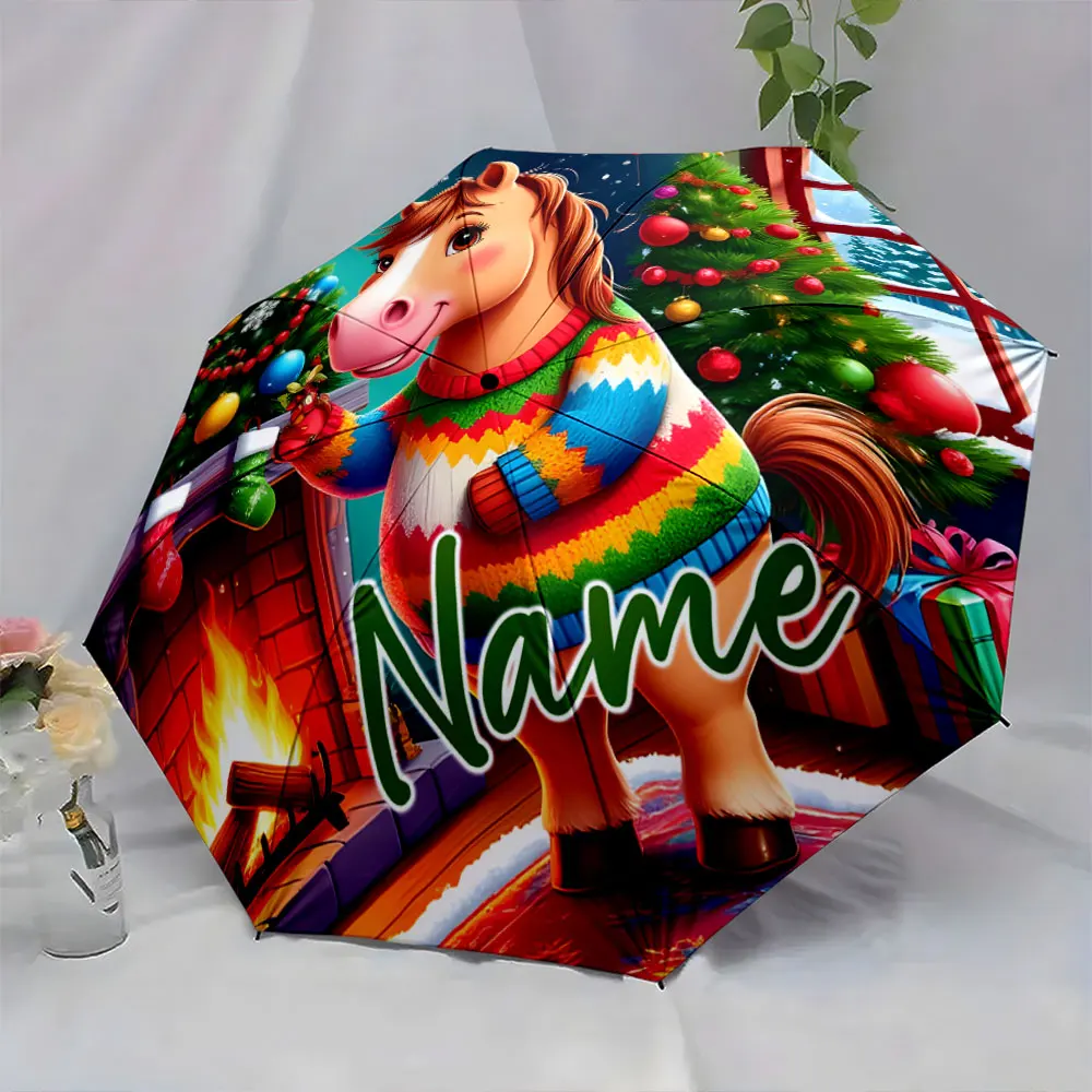 Custom Name Colorful Horse Umbrella with Christmas Design Print 8 Iron Ribs Folding Umbrella Auto-Open Fashion Sunshade
