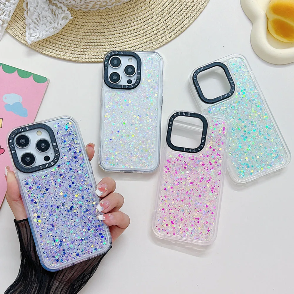 Luminous Shiny Glitter Sequin Phone Case For iPhone 15 14 11 12 13 Pro Max Shockproof Bumper Protection Soft Silicone Back Cover