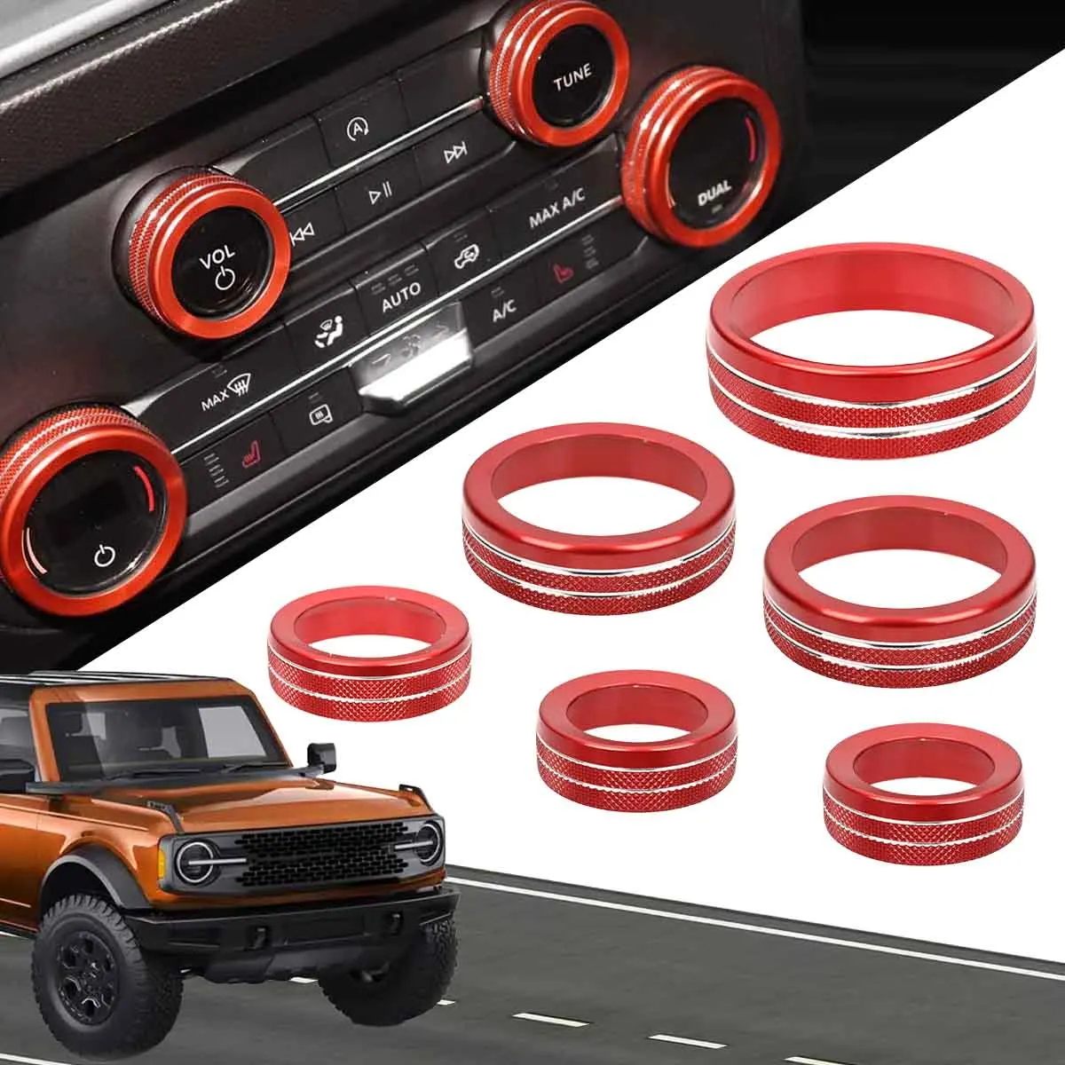 

6pcs/set Car Center Headlight Gear Switch Knob Decoration Ring Red For Ford Bronco 2Door/4Door 2021 2022 2023