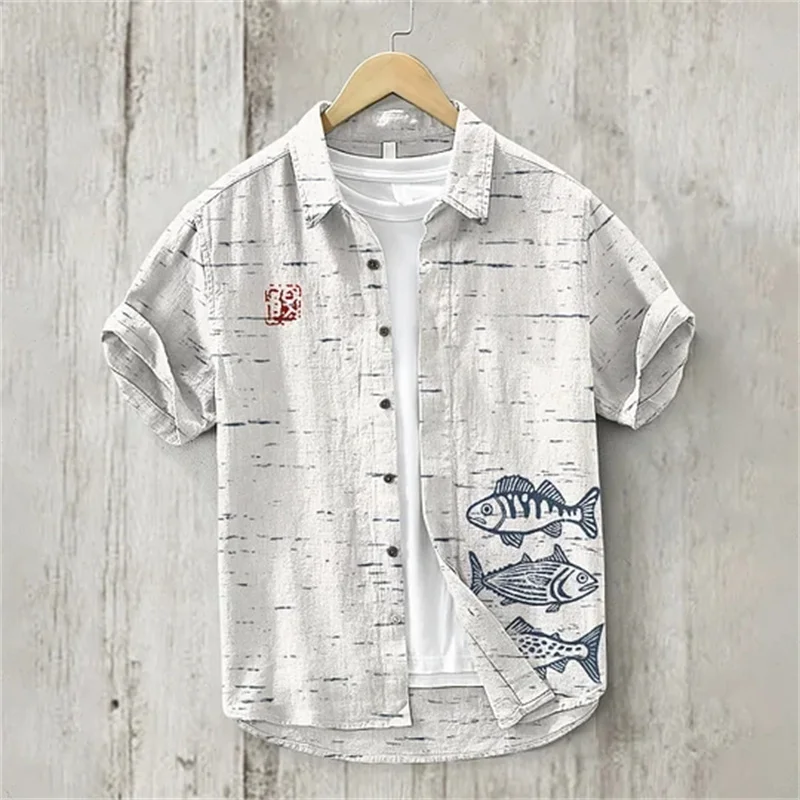 

Men's summer lapel linen short-sleeved shirt men's casual shirt retro illustration print short-sleeved top Hawaiian shirt XS-5XL