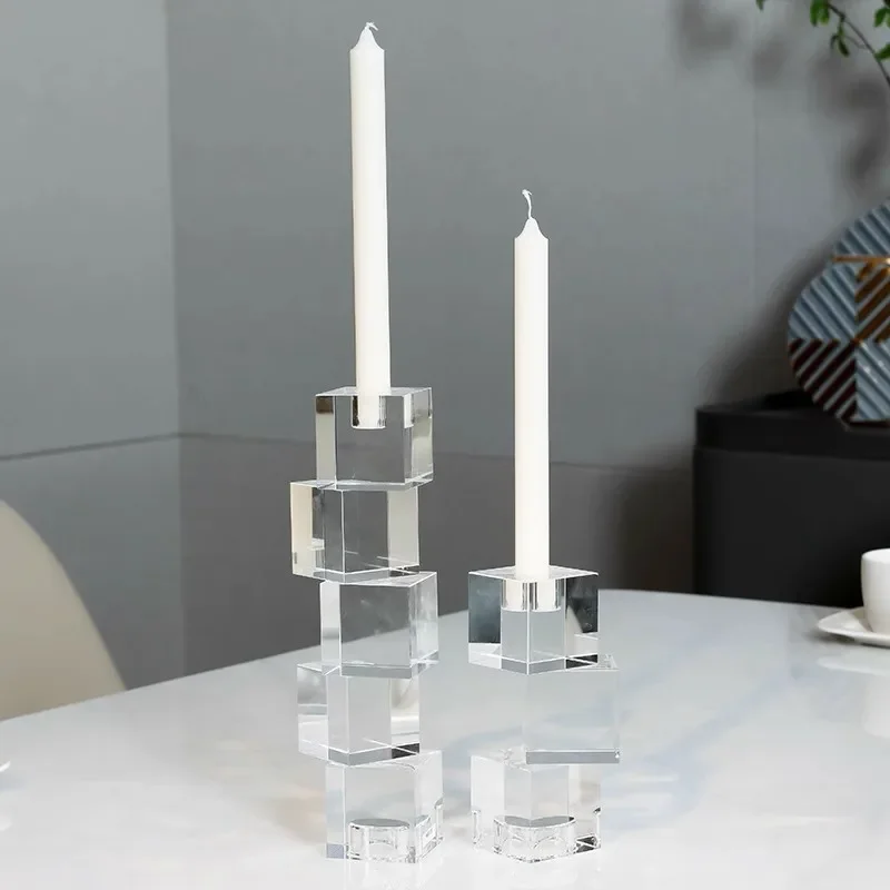 Stacked Blocks Clear K9 Crystal Candle Holder Small Large Both Functional For Candlestick And Tealight Candle Table Decoration